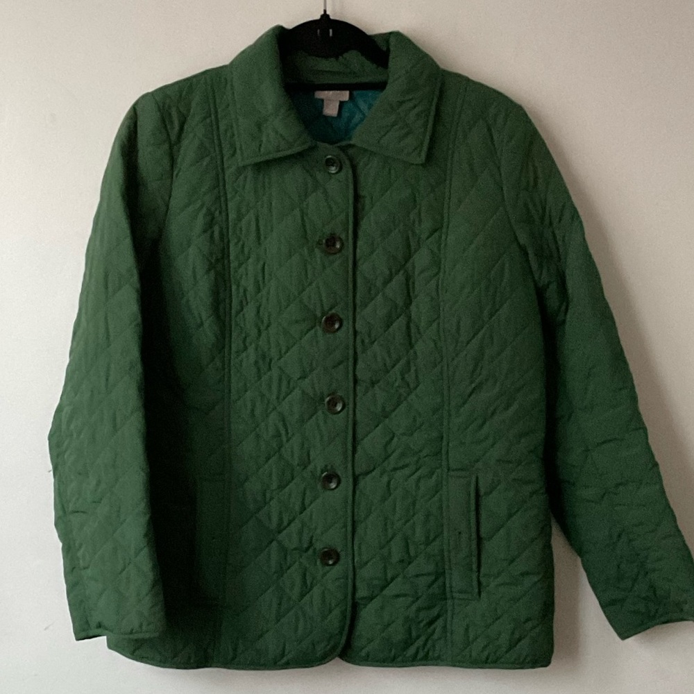 J Jill Quilted Jacket Small Green Lightweight Pockets Button Up Diamond women’s - Picture 7 of 8